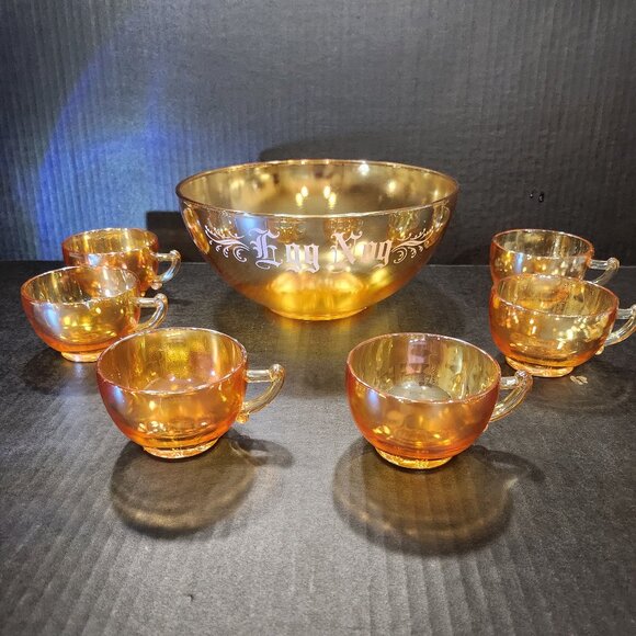 Jeanette Glass Peach/Gold Luster "Egg Nog" Punch Bowl With 6 Cups Carnival Glass - Picture 1 of 12